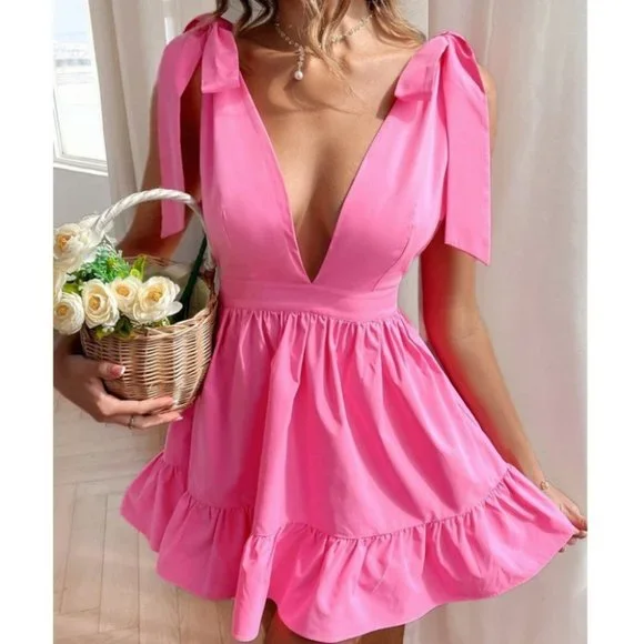 Pink Tie Shoulder Ruffle Hem Dress - PLUS size available also - Picture 3 of 11